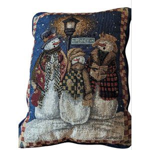 Vtg Pillow Singing Snowman Tapestry Woven Winter Christmas Tree Green Holly